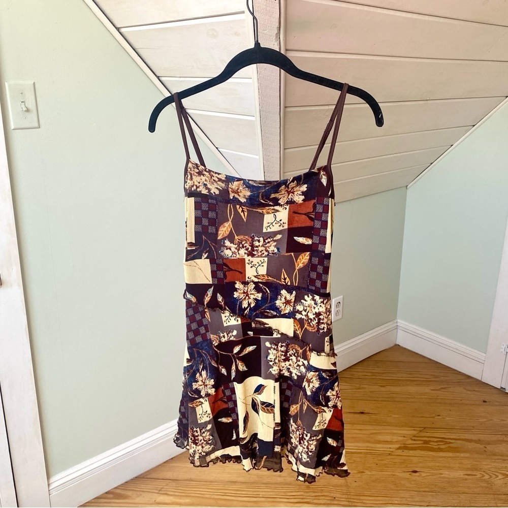 Mini Dress Womens Small Brown Floral Mesh Lined Stretch Strappy Ruffle Cider - Picture 9 of 9